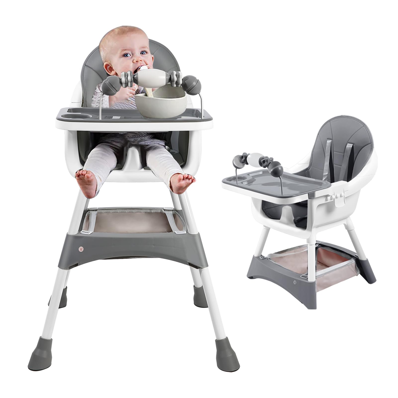 UBRAVOO Convertible High Chair for Babies and Toddlers, Foldable, Easy Clean, Padded Seat, Footrest,Tray Cup Holder, 15 kg Max Load, Aged 6 Months to 3 Years (Grey, 3-in-1 Highchair)