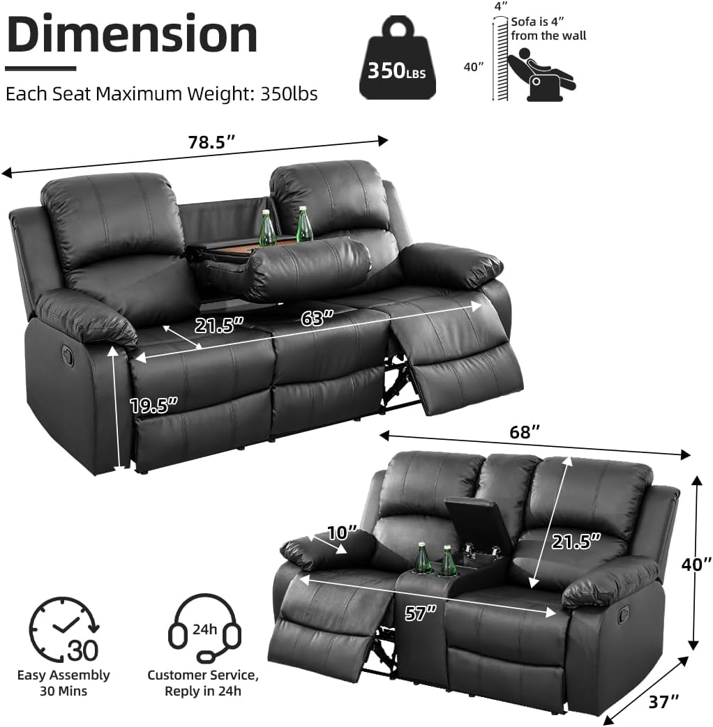 Manual Recliner Sofa Set, Black Manual Reclining Couch for Living Room, Recliner Sofa Couch, Loveseat and Chair Set with Resilience Sponge, Strong Frame for Office/Home