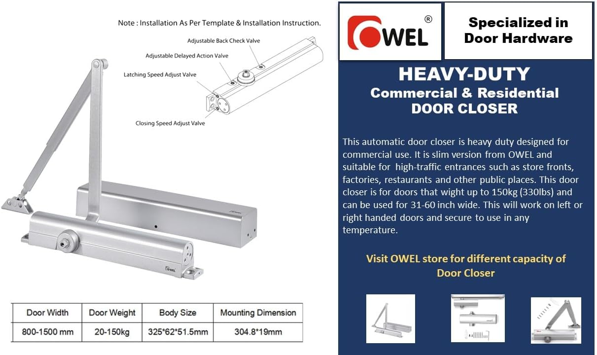 Heavy Duty/UL Listed Commercial Automatic Door Closer, Cast Alluminium Body & Steel Arm with Adjustable Speed, ANSI Certification and 3hours fire ratings