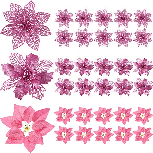 30 Pieces Glitter Poinsettia Artificial Christmas Tree Ornament Christmas Flowers for Xmas Valentine's Day Spring Festival Wedding Decorations (Pink)