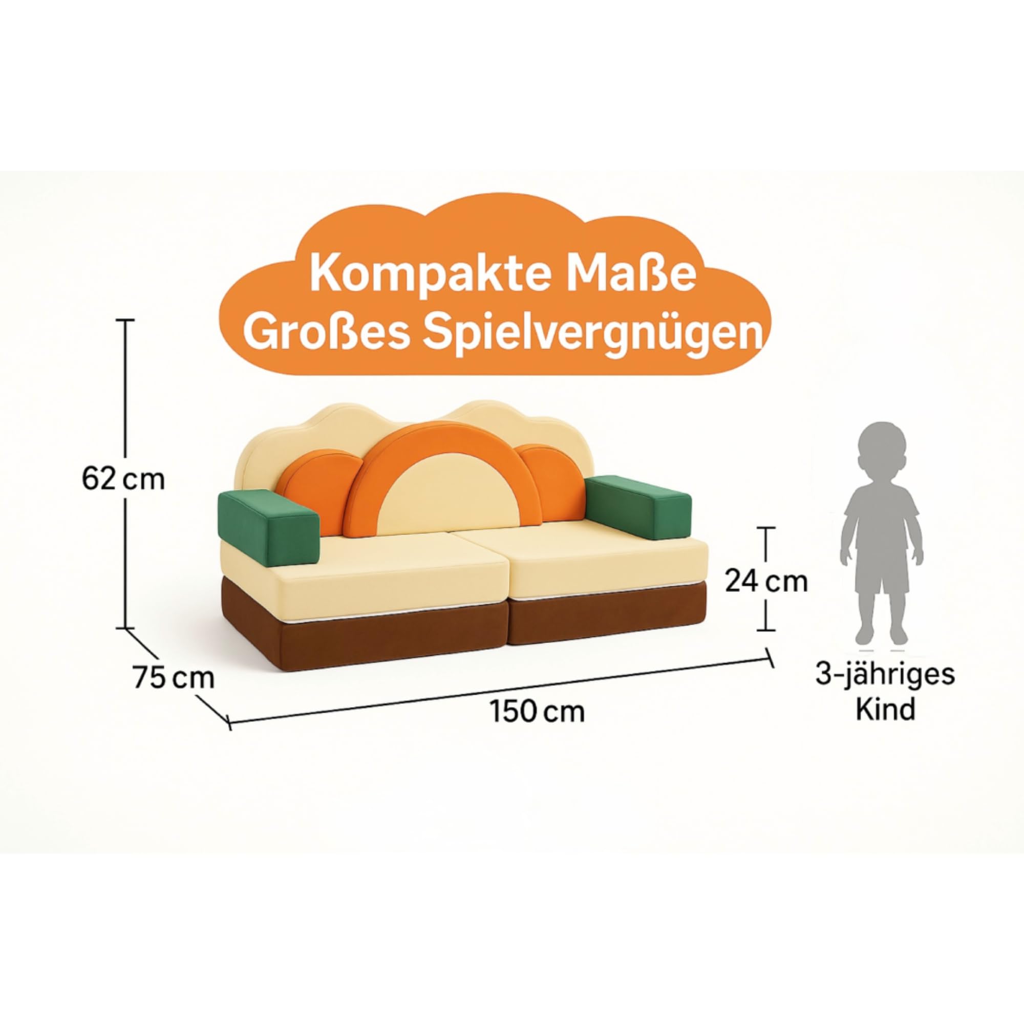 11-teiliges Kindersofa klappbar – Spielsofa modular ab 1 Jahr | Montessori Sofa in Grün & Orange | Bodensofa & Schlafsessel für Kinder