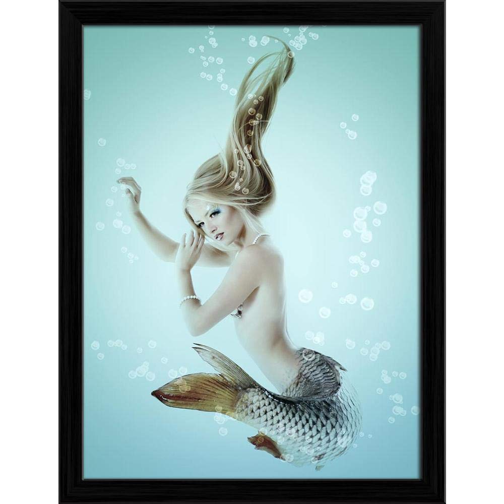 ArtzFolio Mermaid Beautiful Magic Underwater Mythology D2 | Canvas Painting for Bedroom & Living Room | Black Frame | 12 x 15.8 inch (30 x 40 cms)
