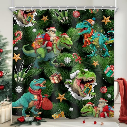 Image of Merry Christmas Kids Dinosaur Santa Claus Bathroom Shower Curtain Set