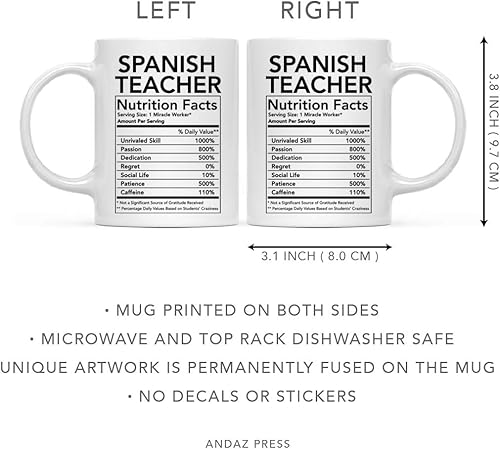 Miniatura 5 de Andaz Press Divertida taza de té de café de cerámica de 11 oz, regalo de agradecimiento, información nutricional del profesor de español, 1 paquete