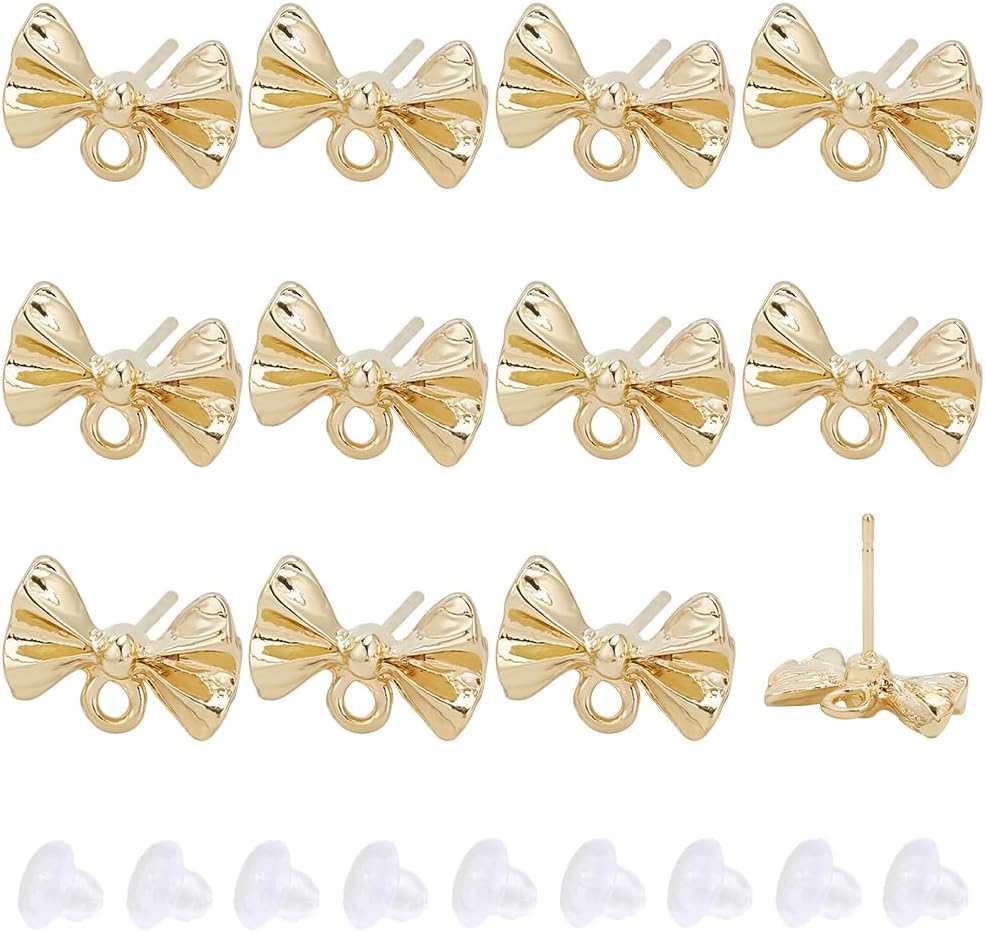Beebeecraft 1 Box 60pcs Bowknot Post Earring Findings Alloy Gold Bow Tie Earring Stud with Hole 304 Stainless Steel Steel Pin and 60Pcs Plastic Ear Nuts for Jewelry Making Accessories DIY Supplies