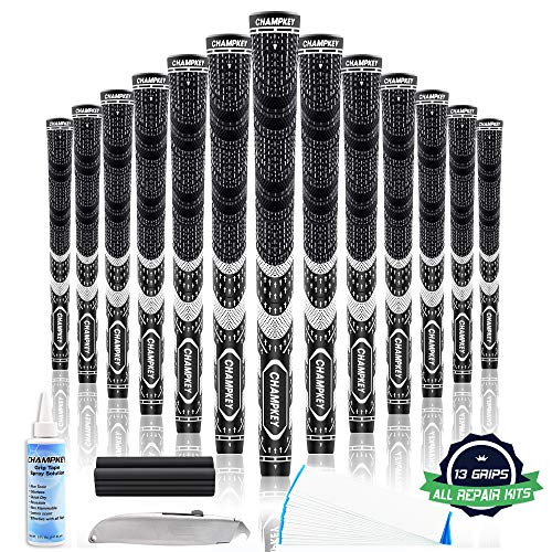 Champkey MCS Golf Grips Set of 13 (5 Oz Solvent,Blade,15 Tapes & Vise Clamp Available)-Choose Between 13 Grips & All Repair Kits and 13 Grips & 15 Tapes (Black/Black(Repair Kits Included), Midsize)
