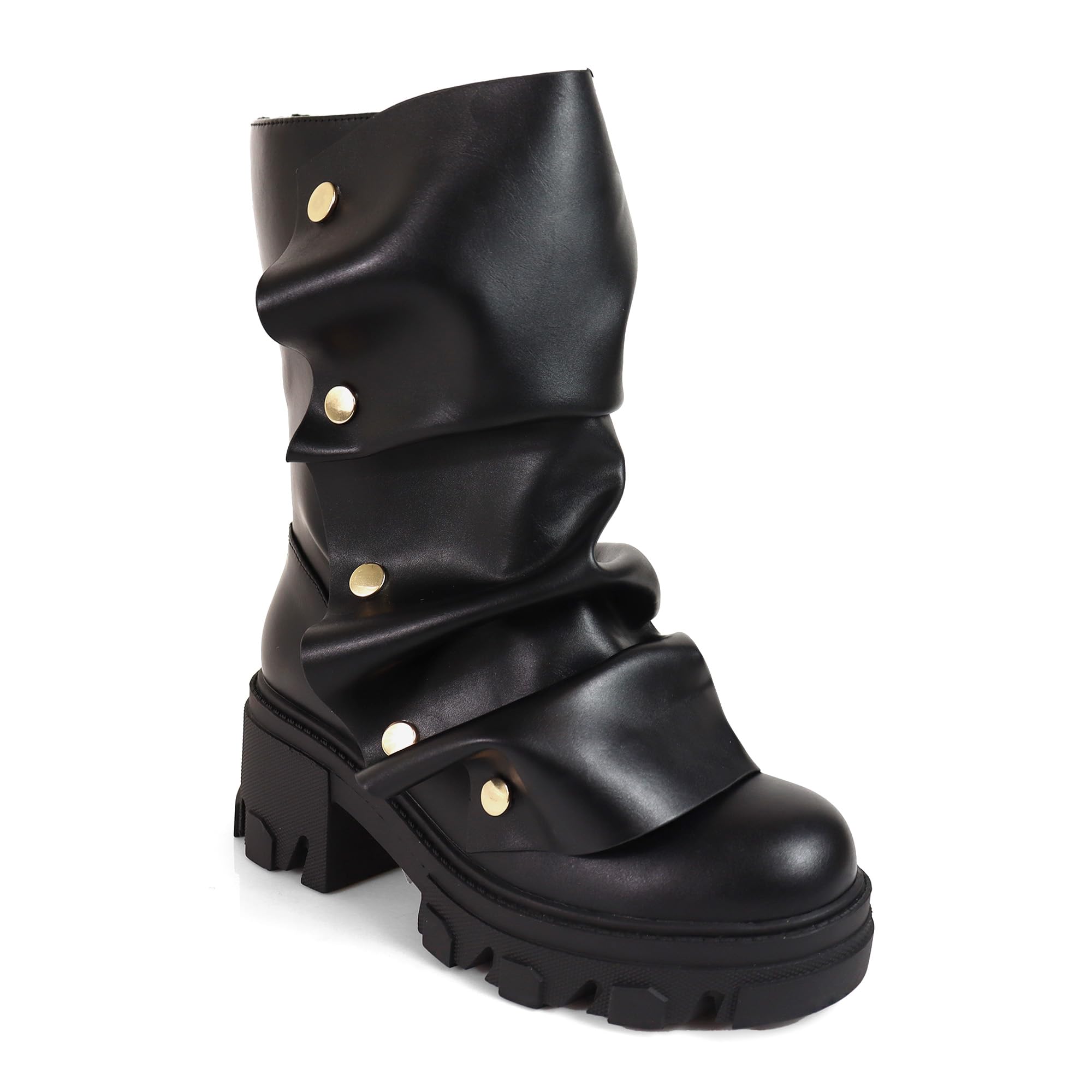 Womens Slouch Mid-Calf Boots with Chunky Platform Heel and Gold Button Detail Fashion Bootie