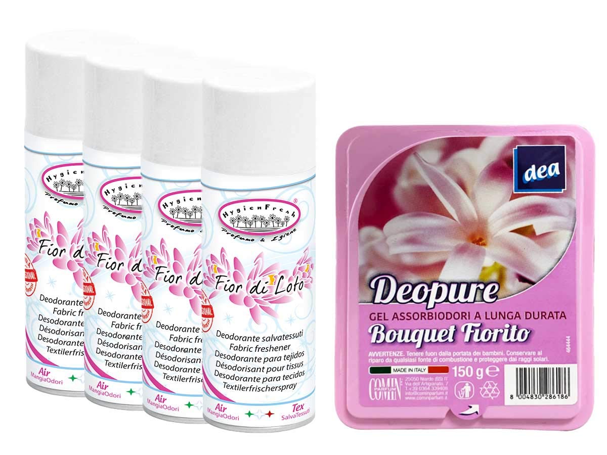 HYGIENFRESH TINTOLAV SET 4 PEZZI Deodorante Salva Tessuti spray, fragranza FIOR DI LOTO formato 400ml più gel assorbi odori a lunga durata Profumazione Assortita 150 G