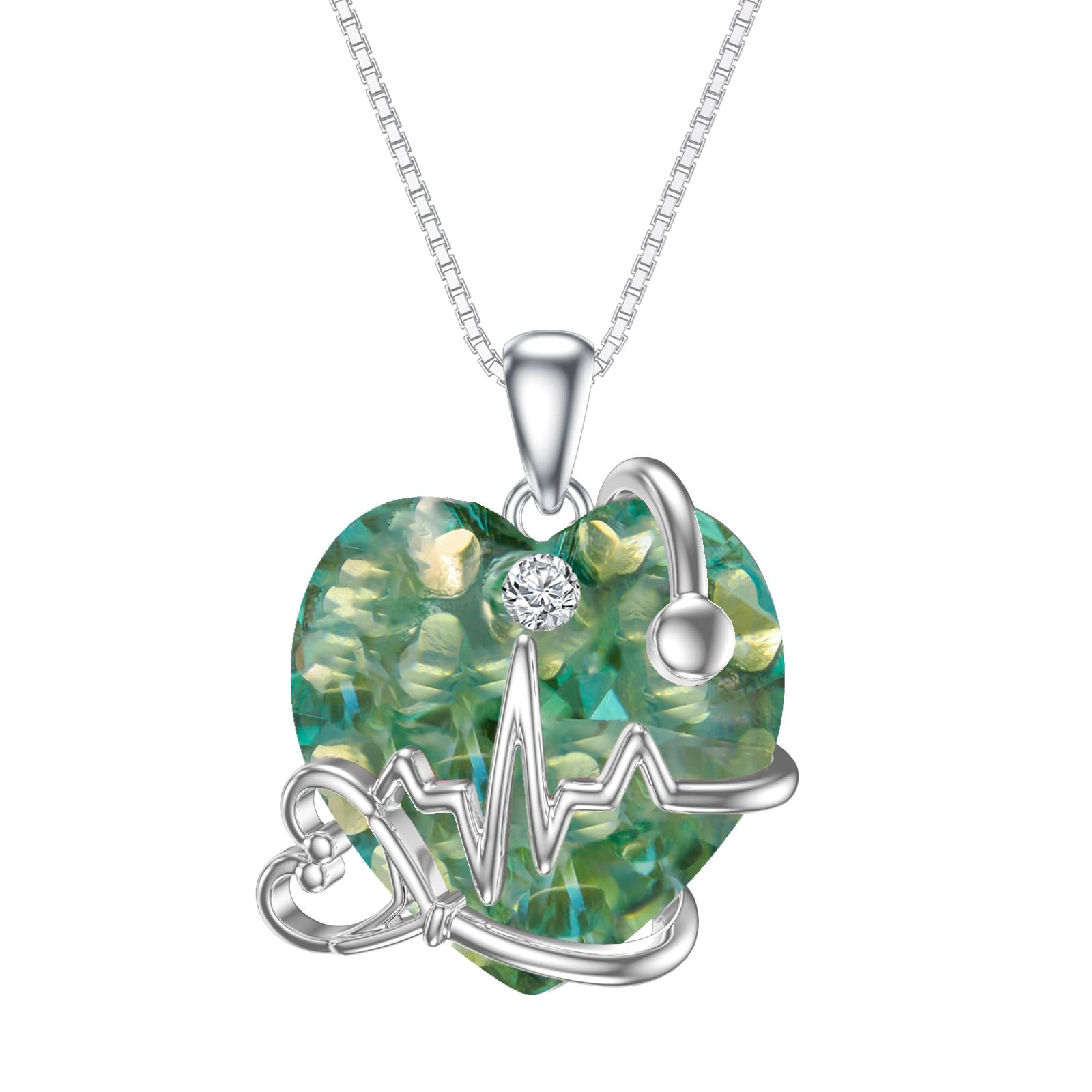 TOUPOP Stetoscopio collana da donna in argento, regalo per donne verde, battito cardiaco, regalo per studentessa, infermiera, laurea, compleanno, regalo di Natale, Argento sterling