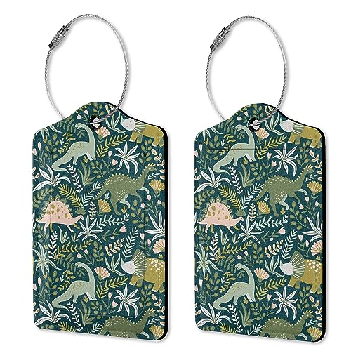2 Pack Dinosaurs Luggage Tag for Suitcases,Tropical Leaves Luggage Tags PU Leather Bag Travel Suitcase ID Identifier Baggage Tags for Women Men Travel