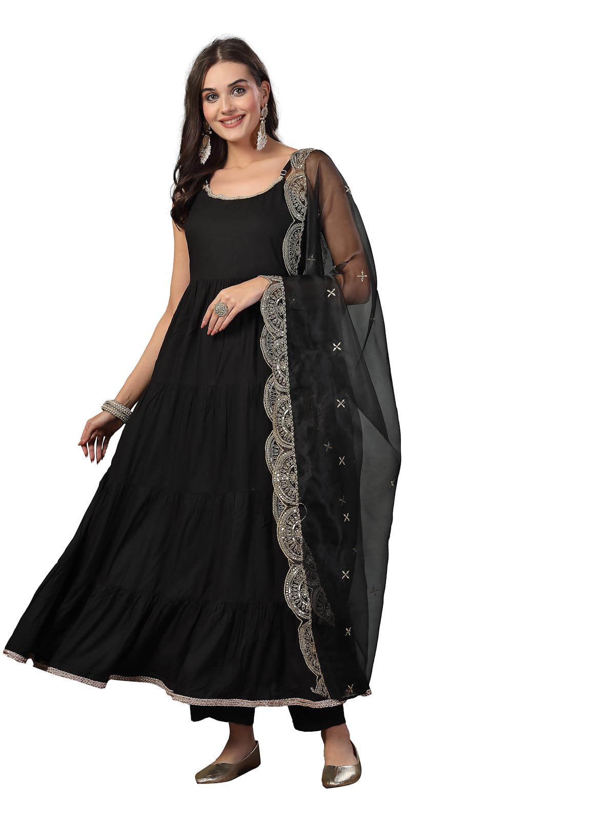 Stylum Women's Solid Rayon Tiered Kurta Pant Dupatta Set (Kpdblackbar44_Black, Xxl)