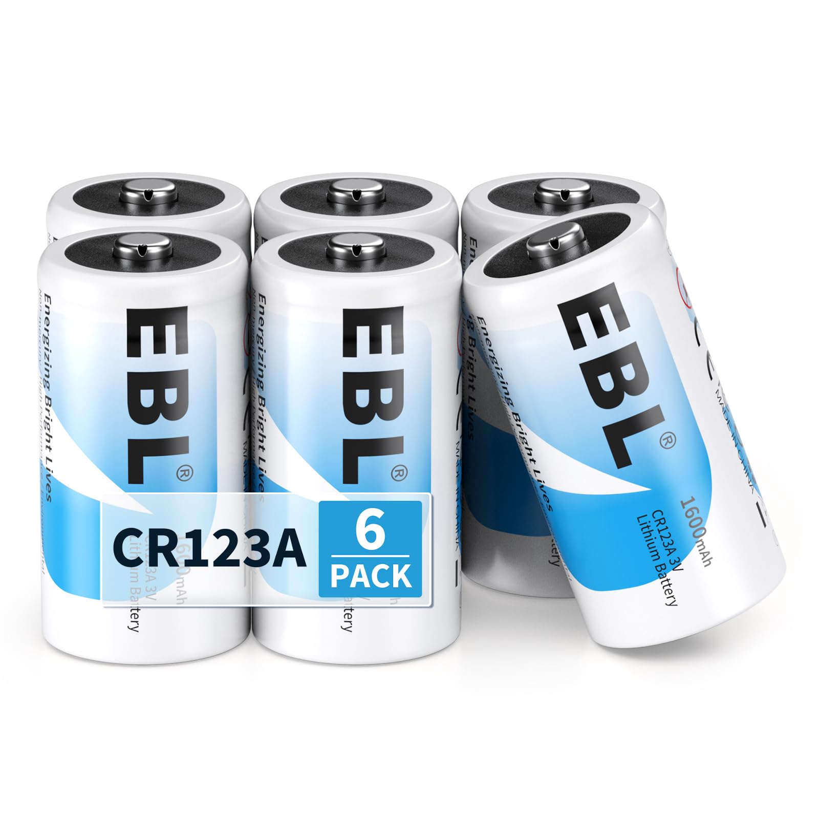 EBL CR123A Battery 6 Count, 123A 123 3V Lithium Batteries 1600mAh High Power, 10 Years Shelf Life