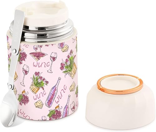 Grapes Wine Food Jar with Spoon Stainless Steel Vacuum Insulated Food Container 17 oz Food Thermos for Hot Food