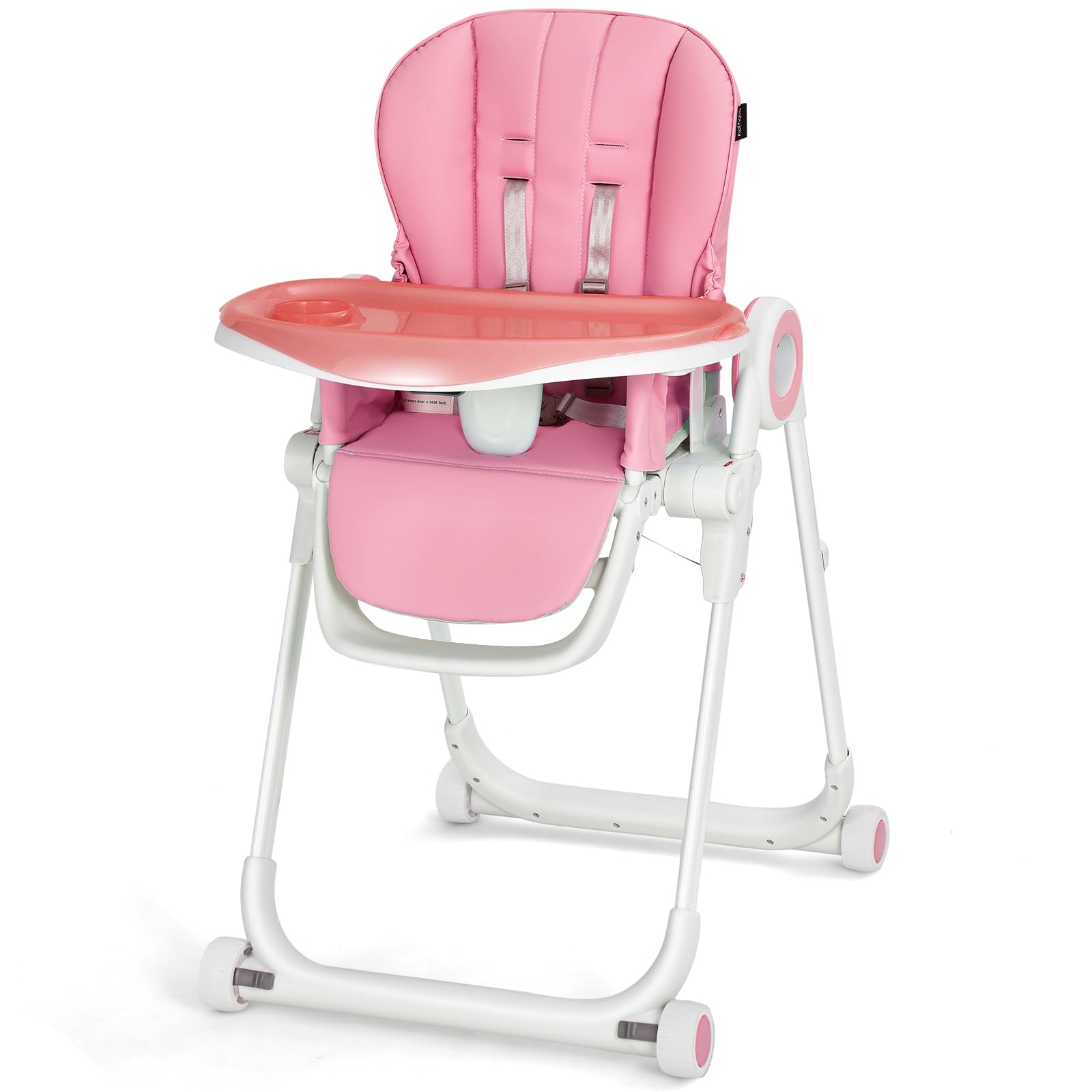 HONEY JOY High Chair with Wheels, Foldable Highchair for Babies & Toddlers, Adjustable Backrest/Footrest/Seat Height, Double Removable Trays, Detachable Seat Cushion for Boys Girls