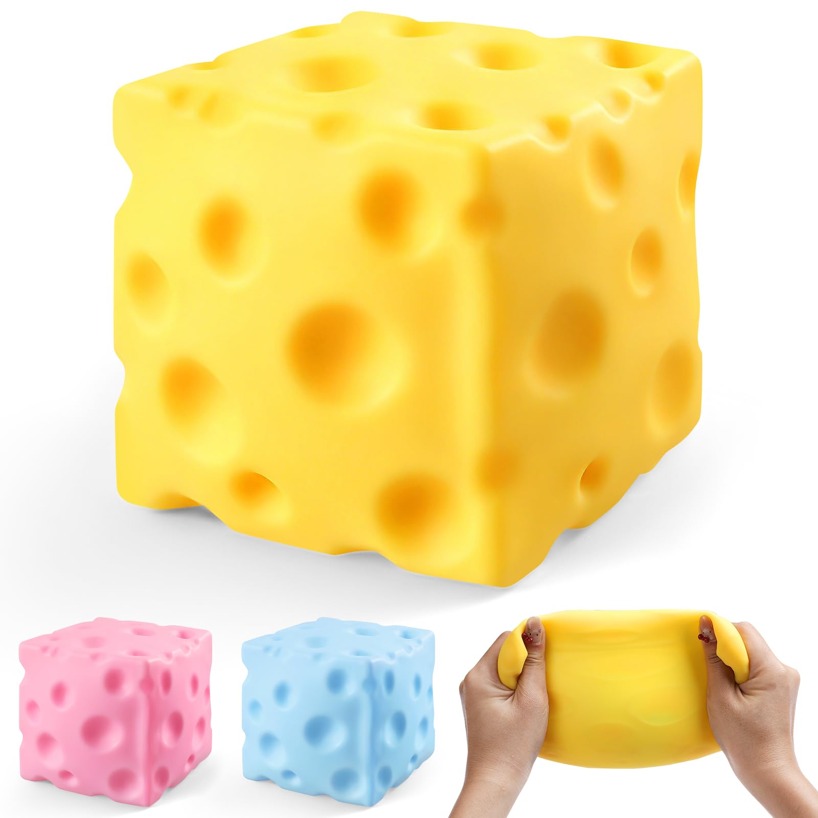 Photo 1 of Big Cheese Squishy, Cube Squishies, Large Cheese Block Squeeze Toys, Stress Ball Fidget Sensory Squeezy Toys for Adults Stress Relief (Yellow, 3.4 in)
