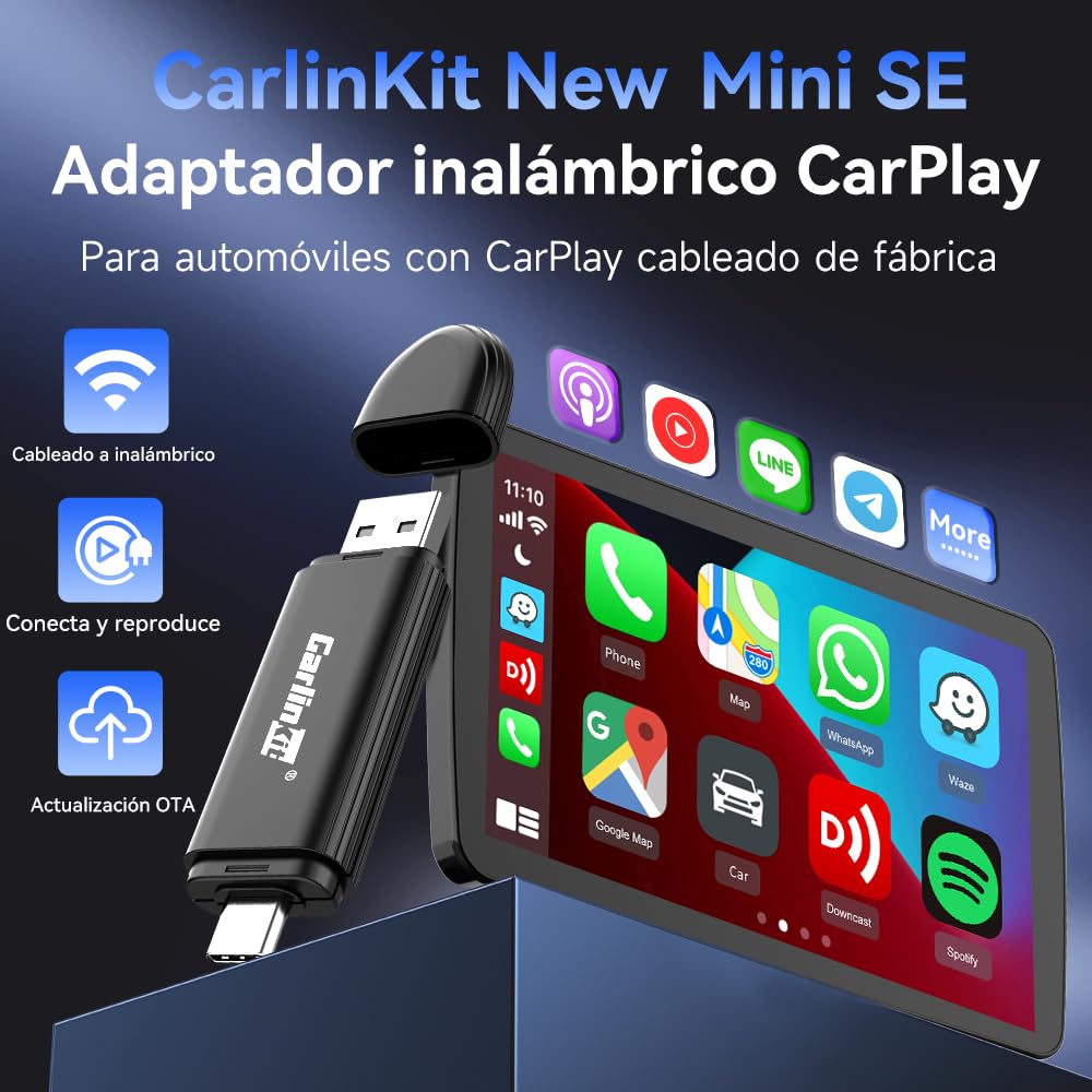 Carlinkit Adaptador CarPlay inalámbrico Mini SE,para Coches CarPlay con Cable OEM (año de fabricación: 2016 a 2026), Plug and Play,Compatible con actualización de versión en línea,conexión automática