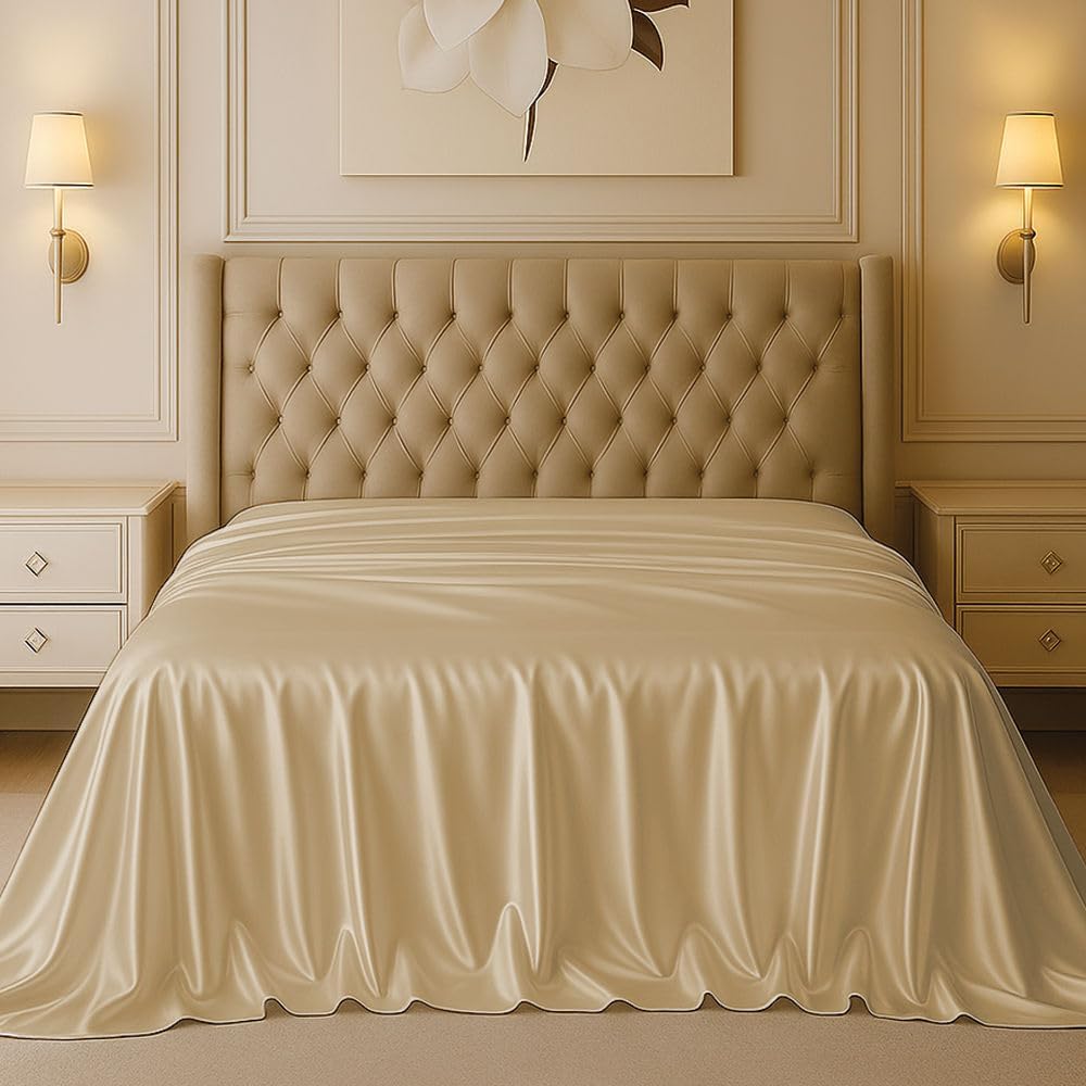 Silk Flat Sheet Only, King Size, 1-Piece Beige Top Sheet for Hair & Skin, Cooling Extra Soft Luxury Bedding, Hotel Quality All-Season Sheet Sold Separately