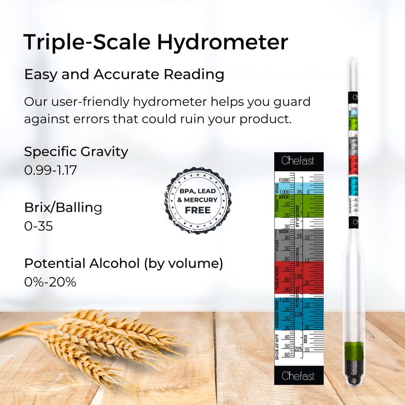 Chefast Triple-Scale Hydrometer Kit for Wine, Beer, Mead and Kombucha - Alcohol Tester, Hydrometer Alcohol, ABV, Brix and Gravity Tester - Home Brewing Supplies, (Without Cylinder Test Jar)