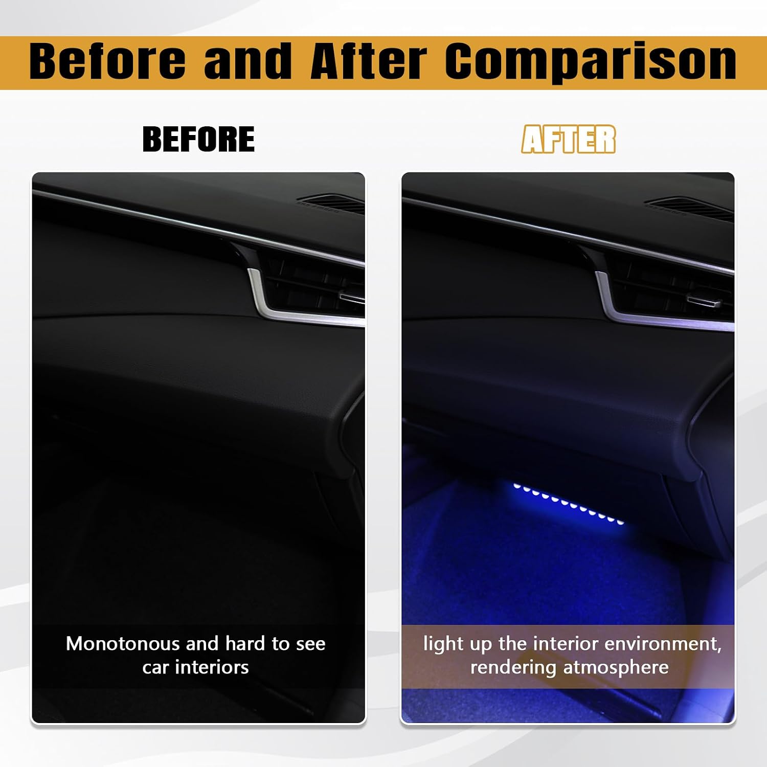 Wuyaoyao Car LED Strip Light, 12V 24 LED Vehicle Interior Atmosphere Lamps with USB Port, Auto Under Dash Ambient Night Light, Universal Car Accessories (Blue, USB)