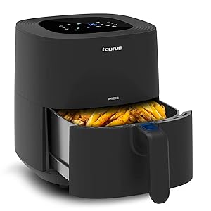 Taurus Amazing - Freidora de aire sin aceite AF1701D, Cestillo 5,5L, 8 programas, Pantalla táctil, Timer, Hasta 200 grados C, Recubrimiento antiadherente, Libre PFOA y BPA, Recetario incluido, Negro
