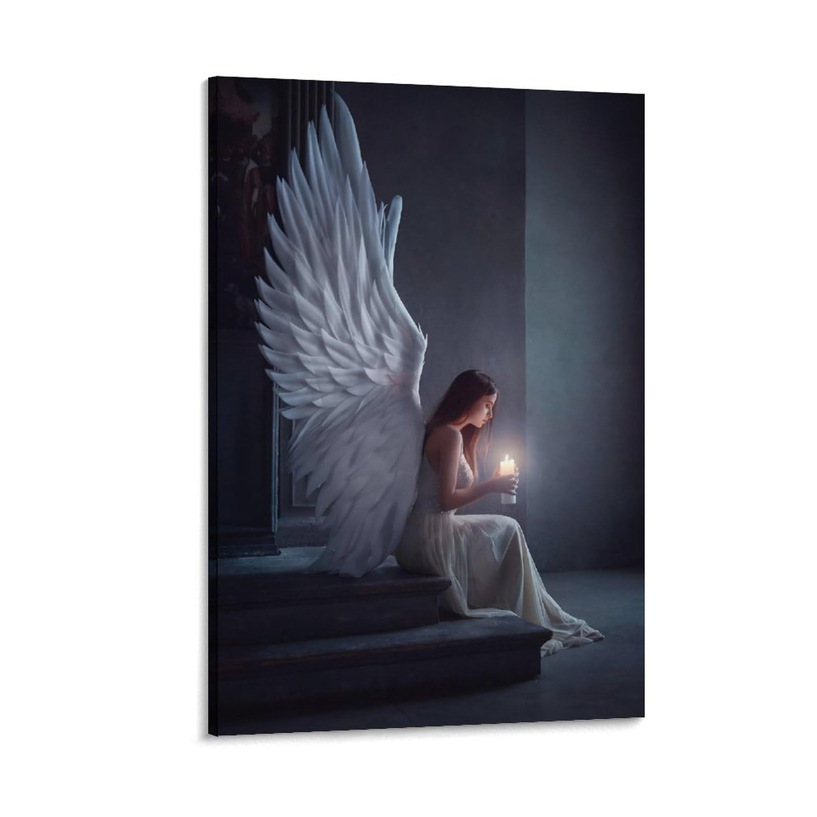 White Angel Wall Art Poster, Angel Wings Canvas Aesthetic Poster, Modern Black And White Praying Wom Wall Art Paintings Canvas Wall Decor Home Decor Living Room Decor Aesthetic Prints 12x18inch(30x45