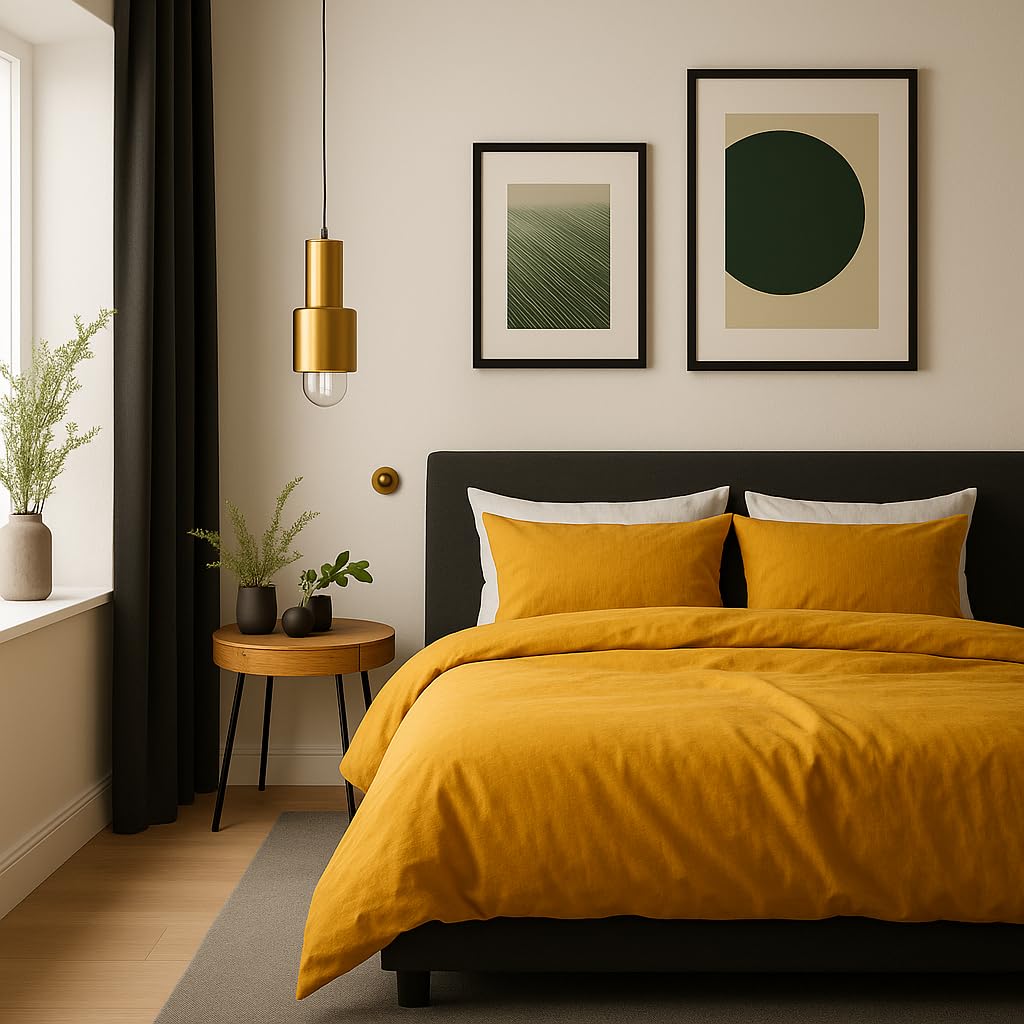VelvetHome Komplet Pościeli 155x220cm 100% Bawełna Pościel 155x220 + Poszewka 80x80 cm Wysoka Jakość Pościel z zamkiem błyskawicznym Kolor Musztardy 155 x 220