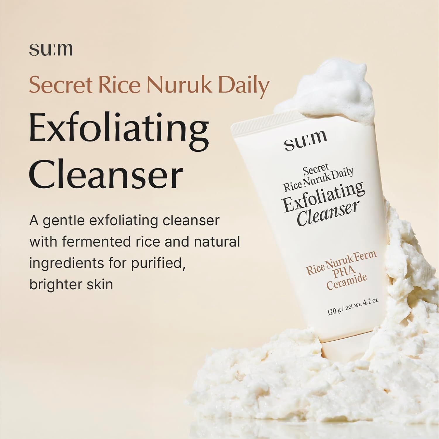 SU:M Secret Rice Nuruk Daily Exfoliating Cleanser (4.23 fl oz) - Korean Skincare Gentle Exfoliating Cleanser with Rice Nuruk Extract, PHA, and Melting Ceramide for Hydration and Smooth Skin Texture.