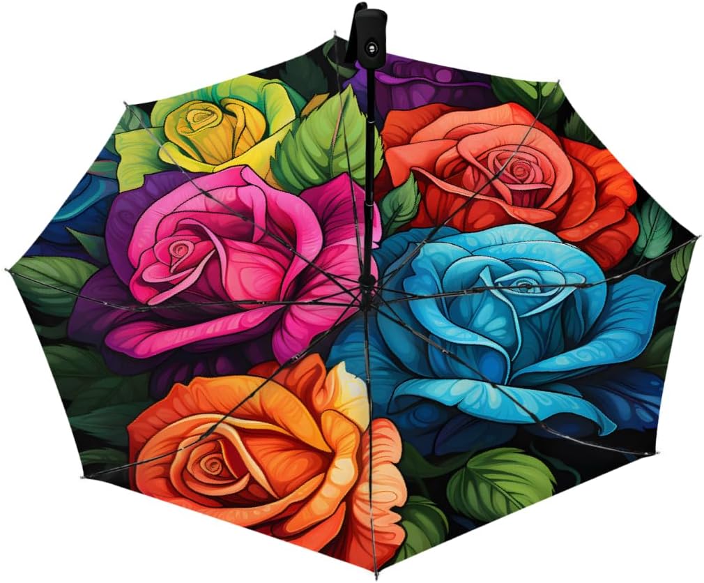 Retro Colorful Rose Flower Folding Umbrella Windproof Compact Lightweight Travel Umbrella with 8 Reinforced Ribs, Portable UV Sun & Rain Protection for Men & Women