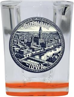 R and R Imports Dubuque Iowa Souvenir Destination 2 Ounce Shot Glass Square Orange Base Single