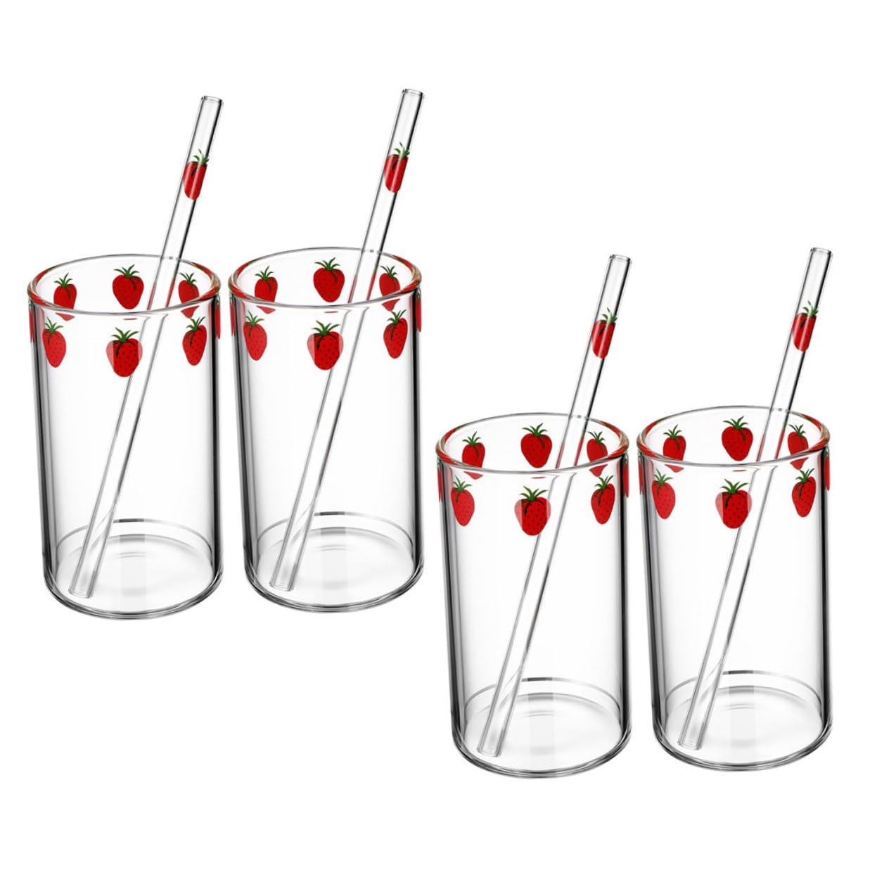 Bicchiere in Vetro Stampa Fragola, Set da 4, Fondo Piatto | Tè e Latte, per Casa e Regalo Inaugurale, Formato Compatto, Uso Quotidiano