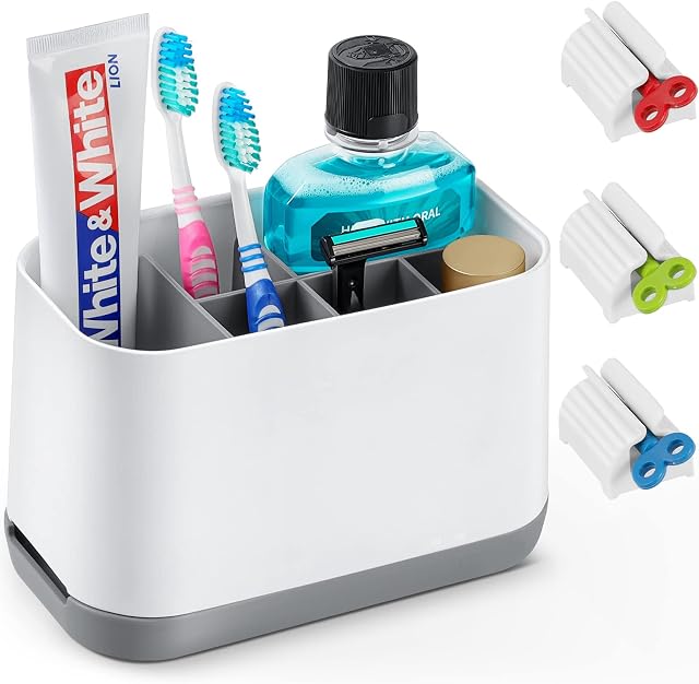 VITVITI Toothbrush Holders for Bathrooms, Electric Tooth Brush Holder with Rolling Toothpaste Squeezer Dispenser, 6 Slots Plastic Bathroom Organizer Countertop Sink, Kids, White+Gray
