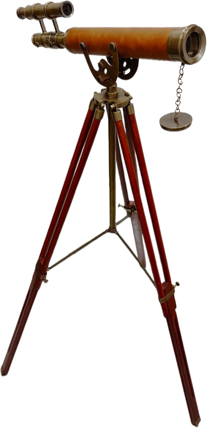 Antique Brass Telescope Leather Coverd Telescope Double Barrel Nautical Adjustable Floor Standing Wooden Tripod Home Decorative