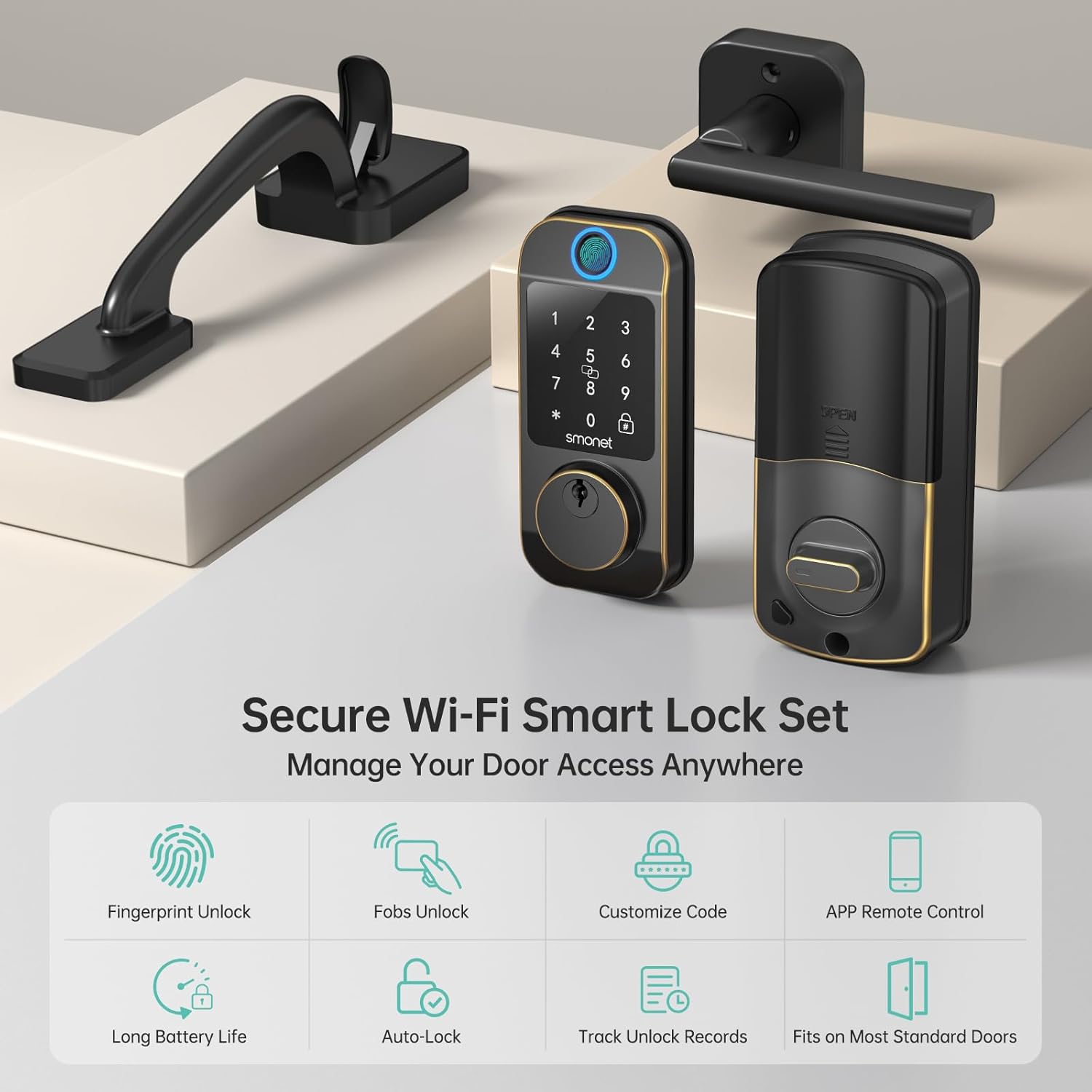 WiFi Front Door Lock Set - Keyless Entry Door Lock Deadbolt with Handle SMONET Fingerprint WiFi Smart Deadbolt, Digital Keypad Auto Lockset with Code Fob App Compatible with Alexa Oil Rubbed Bronze