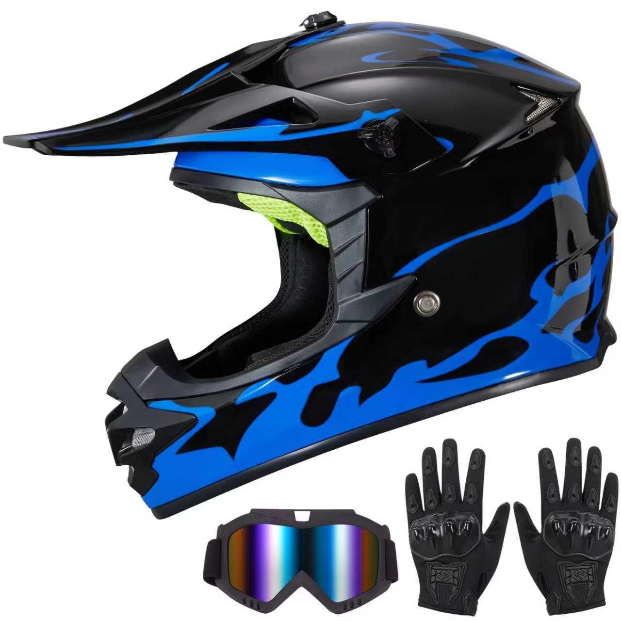 MXJ Gear F001 Youth Full-Face Helmet (Glassy Blue Flame, Large)