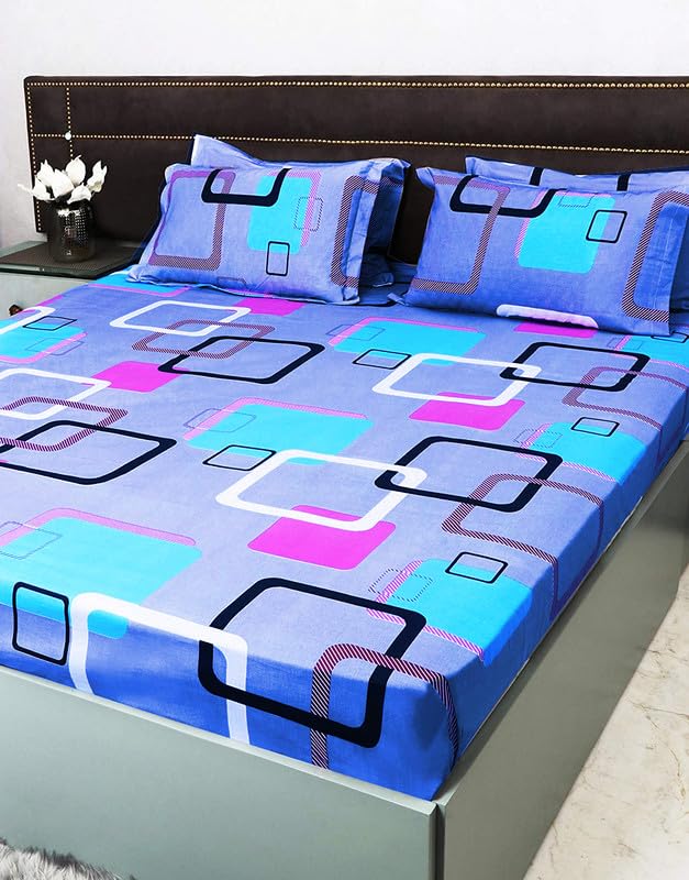 Image of Bedsheet Bed with 2 Pillow Covers 100% Cotton 144 TC |Chadar - Flat Sheet with 2 Pillow Covers - Blue Swift Double