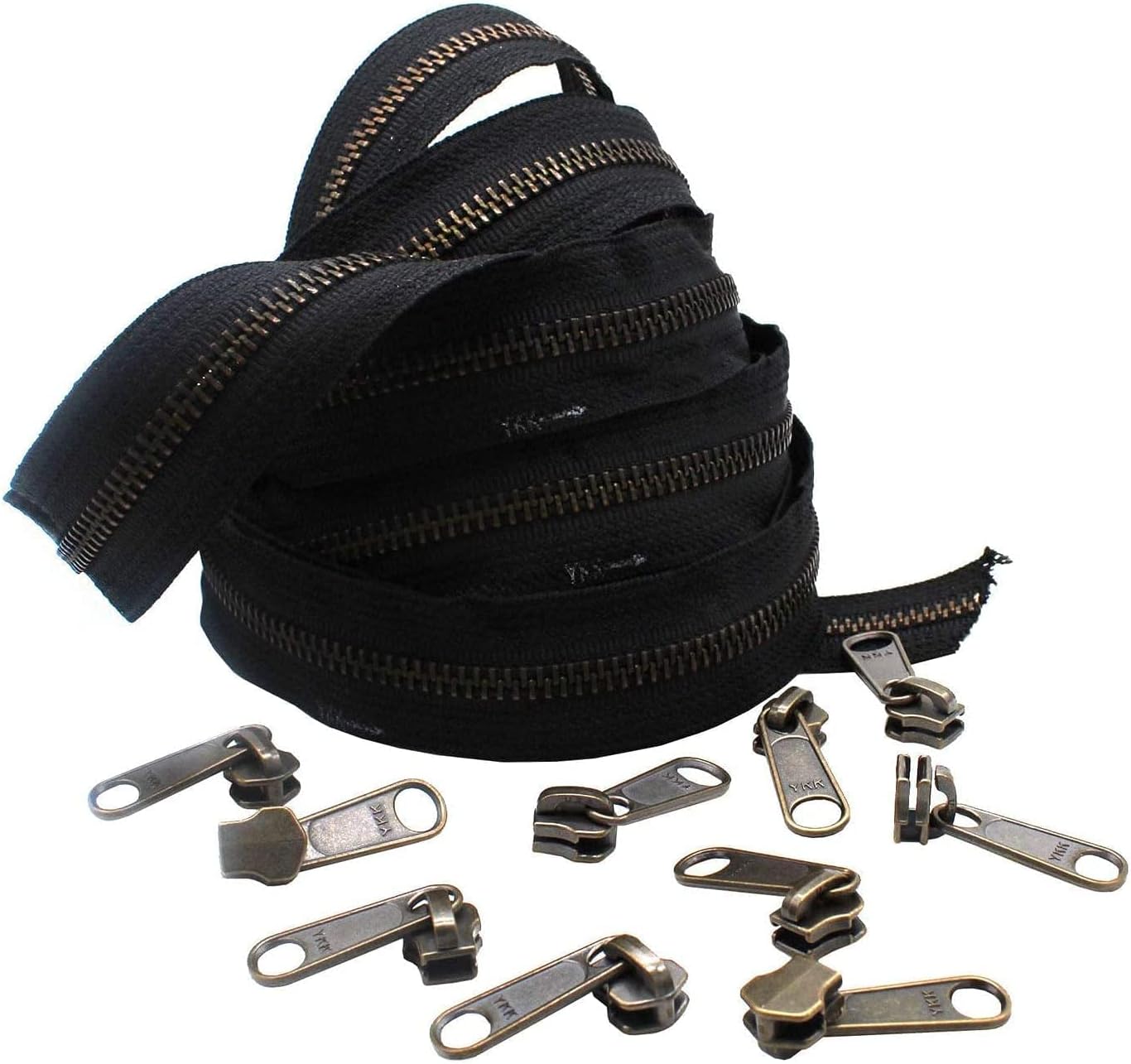 #5 YKK Continuous Antique Brass Black Zipper Chain - 10pcs #5 Non-Locking Long Pull Sliders Per 5 Yards - Color Black - Choose Your Length - Made in The United States (10 Yards & 20 Sliders)