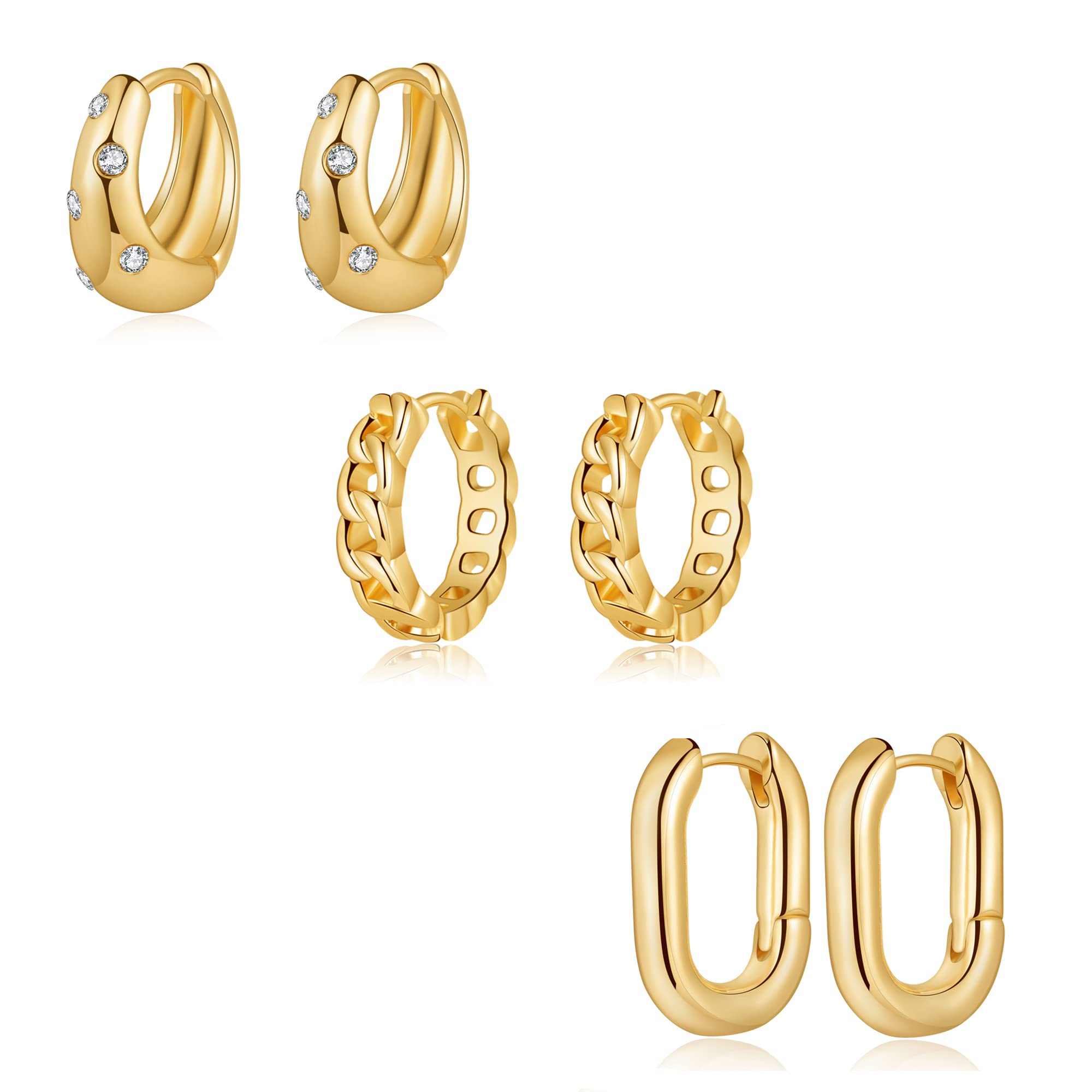 Senteria 3 Pairs Gold Huggie Hoop Earrings Set for Women Girls,14K Gold Plated Hypoallergenic Earrings Small Lightweight Chain Oval Bead Ball Twist Square Hoop Earrings Jewelry Gifts for Women