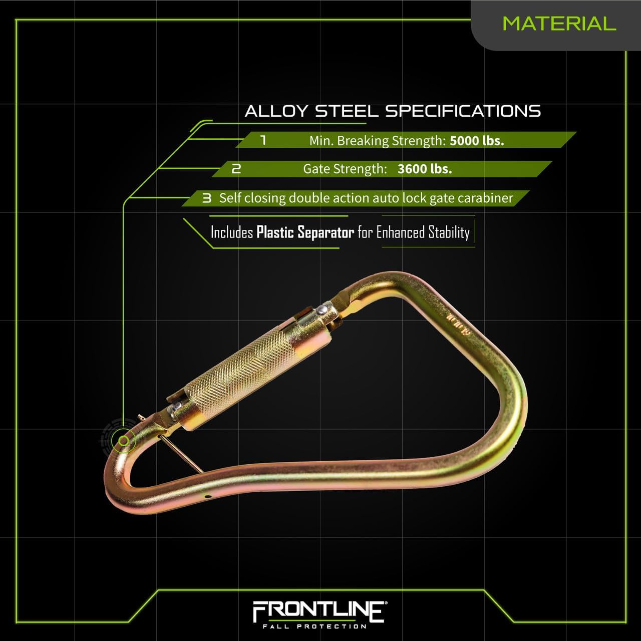 Frontline Fall Protection CSQ120 Large Steel Quarter Turn-Locking Carabiner Hook | High Strength Steel Safety Connector | ANSI & OSHA Compliant | Gate Strength: 3600 lbs
