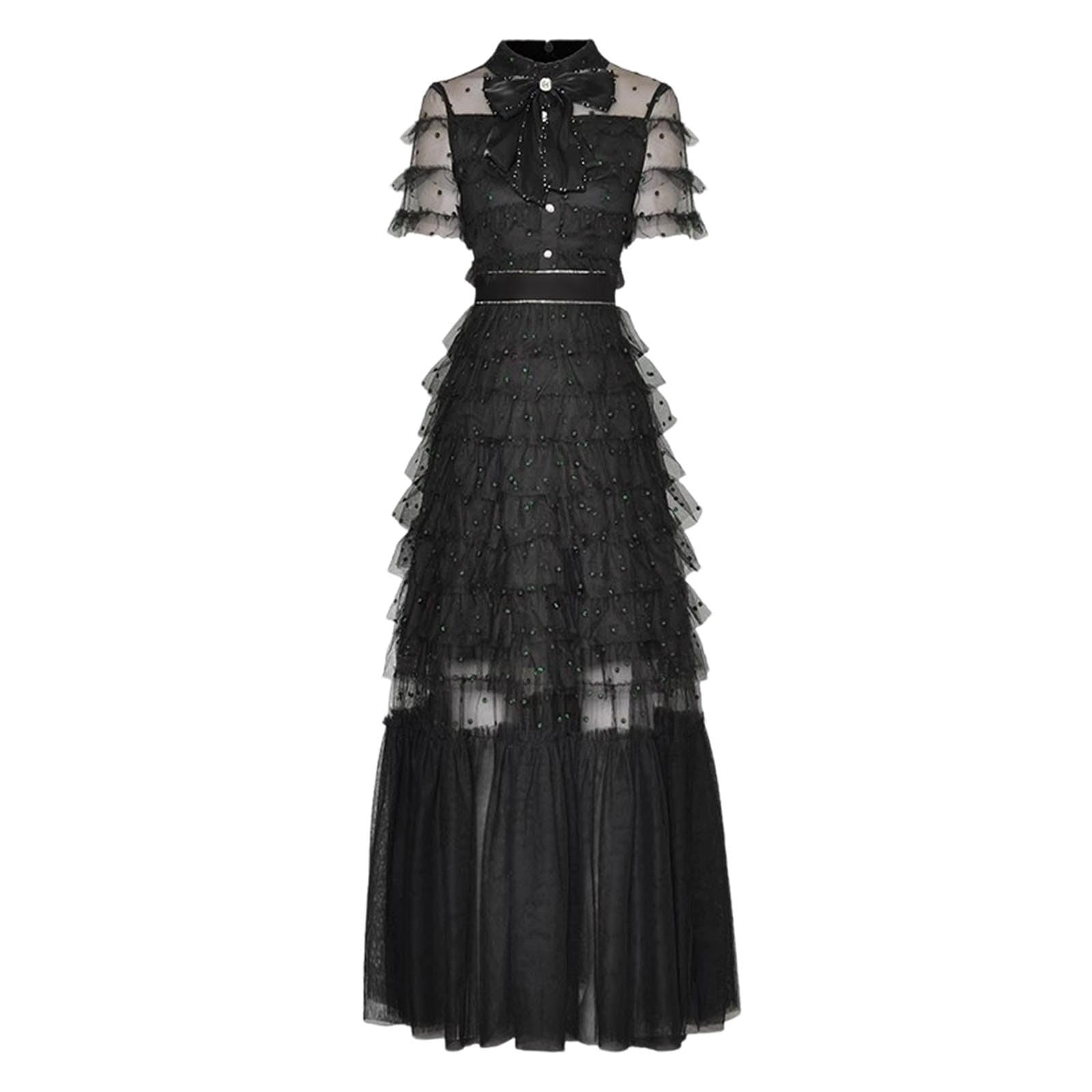 Vestido de noche largo para mujer, vestido de varias capas, malla asimétrica, vestido de tul, manga corta, cuello redondo, túnica, línea A, malla, vestido de cóctel, boda, fiesta