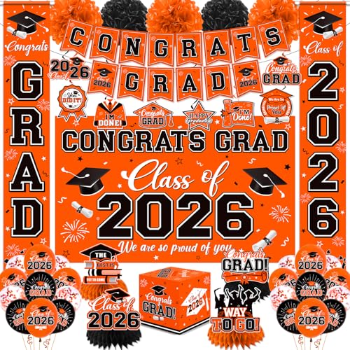 Graduation Decorations 2026 Orange Party Decor Set with Congrats Grad Banner Class of 2026 Backdrop Balloons Box & Streamers Supplies for High School & College Celebrations