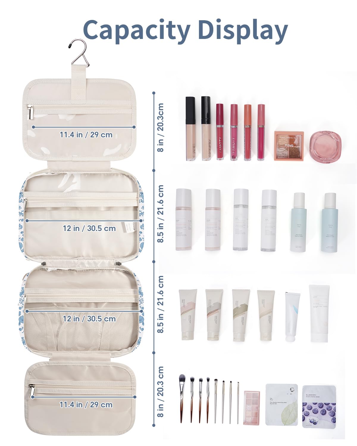 Narwey Large Hanging Travel Toiletry Bag for Women Wash Bag Cosmetics Makeup Bag Organizer for Full Size Accessories (Little Blue Flower (Large)) — view 6