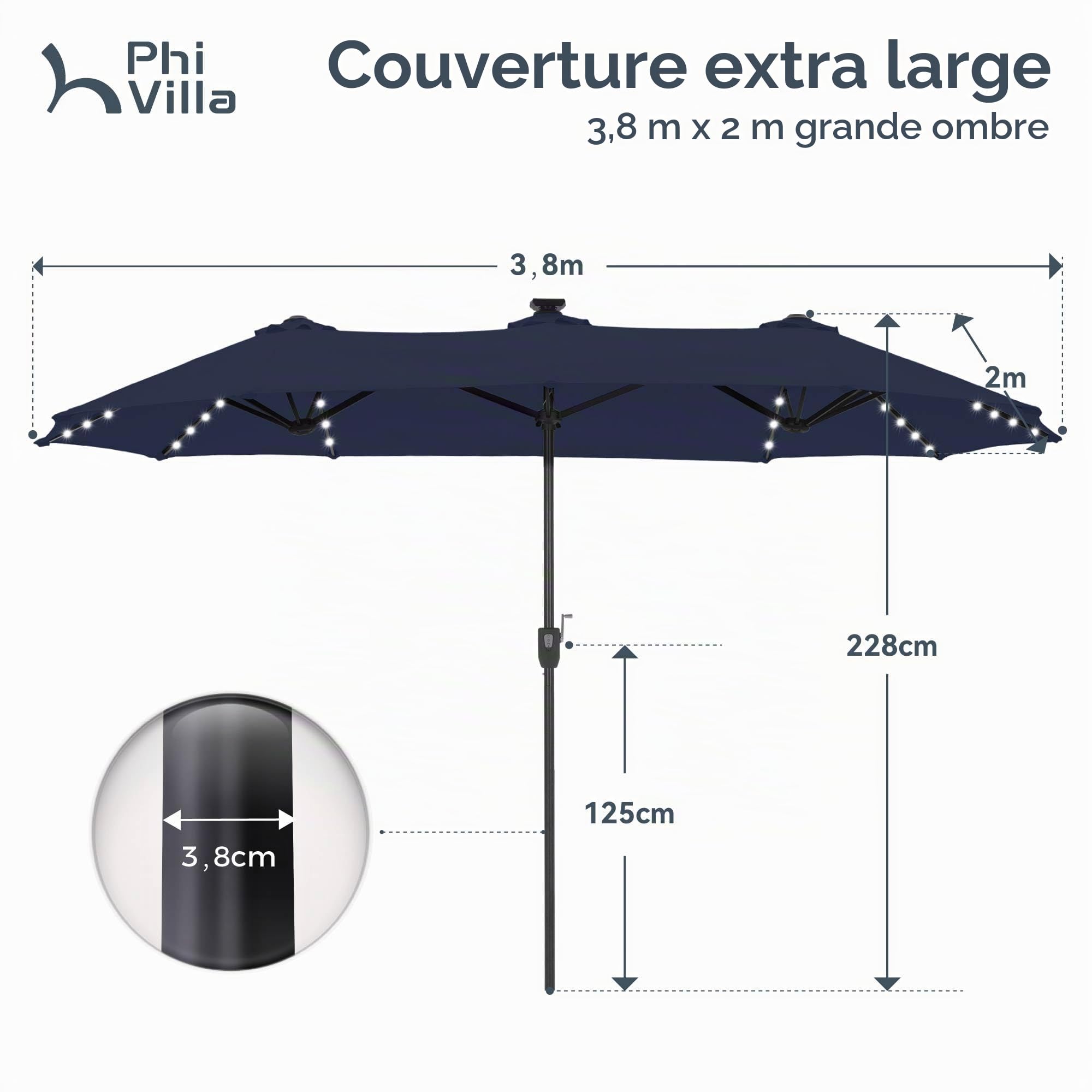 PHI VILLA Parasol de Jardin Extérieur,2x3,8m Parasol Double Face Rectangulaire avec LED Lampe et Manivelle,Protection Solaire pour Terrasse, Résistant à l'Eau,Anti au vent