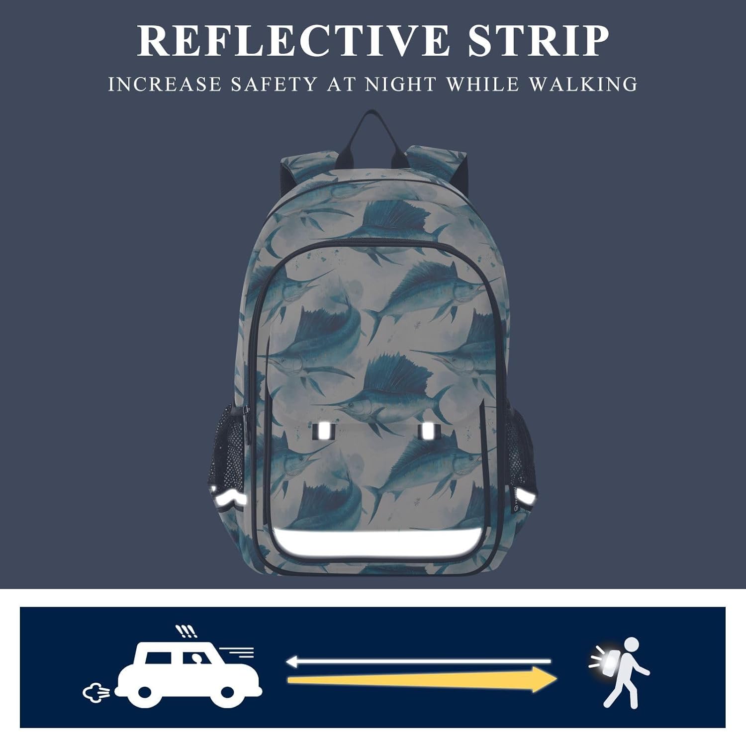 Sailfish Blue Kids Backpack for Travel School, Teens Bookbag with Reflective Strips Multiple Pockets for Girls Boys 17.7 inches
