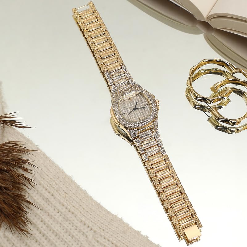 Image of Haute Sauce Women's The Embellished Cluster Square Watch | Gold Stainless Steel Strap | Crystal Silver Dial | One-Size | Foldover Closure | Quartz | Battery | Wrist Belt Watch for Female and Girls
