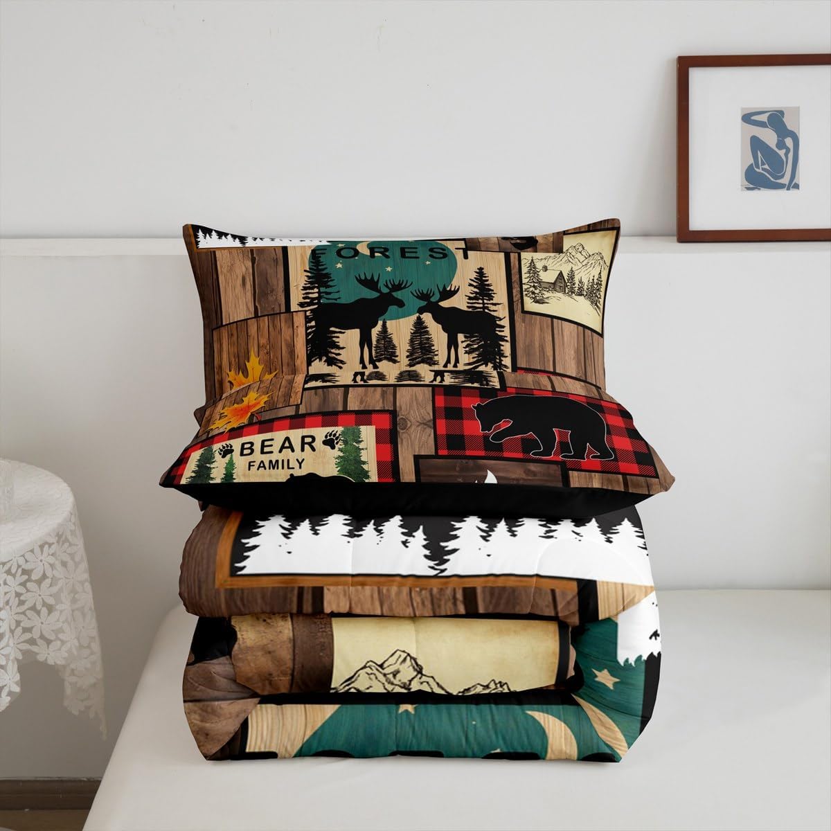 Retro Cabin Queen Comforter Set Rustic Adventure Bear Deer Bedding Set Hunting Wildlife Wild Animal Duvet Insert Plaid Lodge Farmhouse Quilt Western Country Black Red Lattice Room Decor,Brown