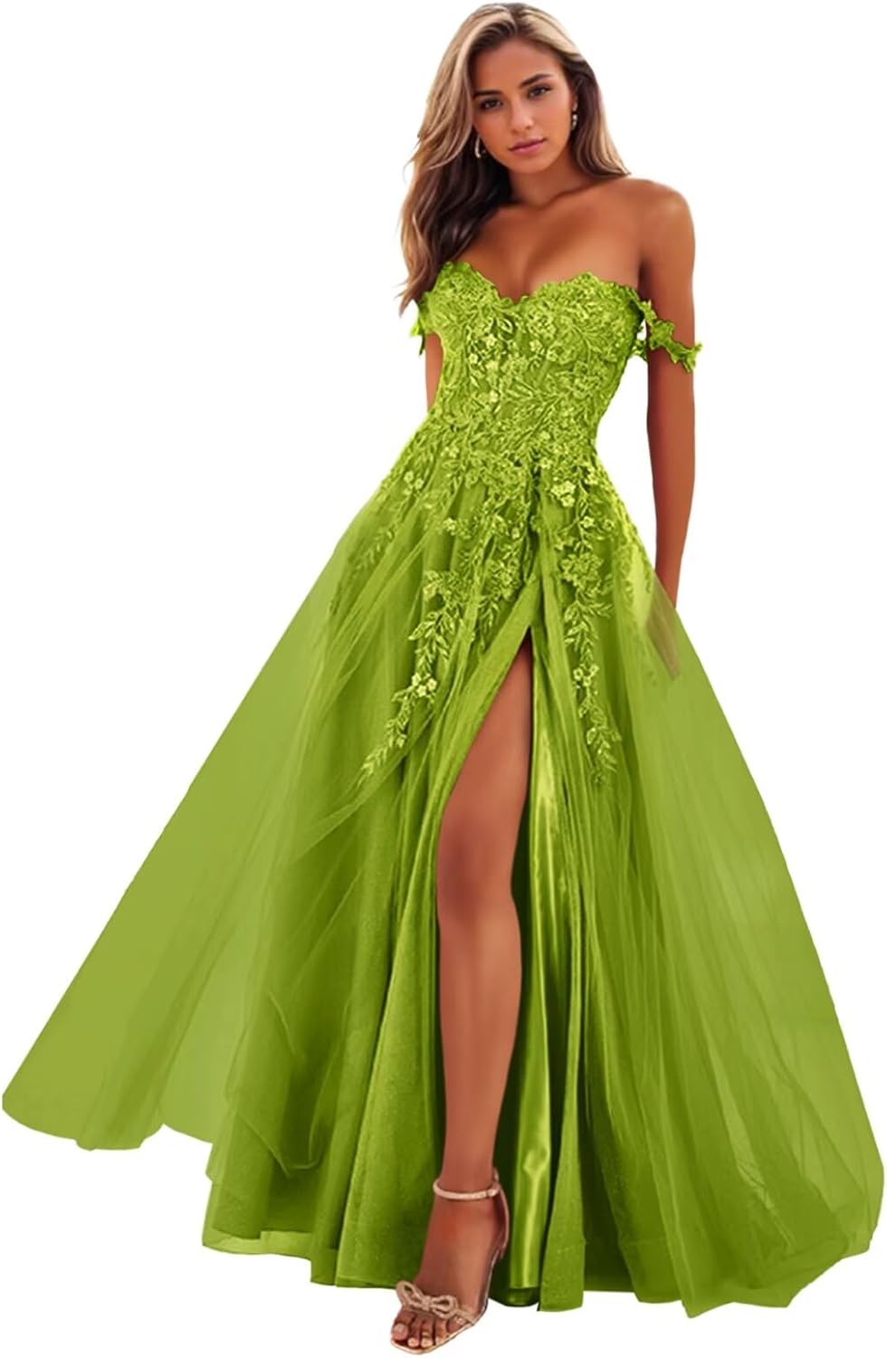 Cudiew Sparkly Tulle Prom Dresses Lace Applique Corset Long Off The Shoulder Formal Evening Gowns with Slit for Women