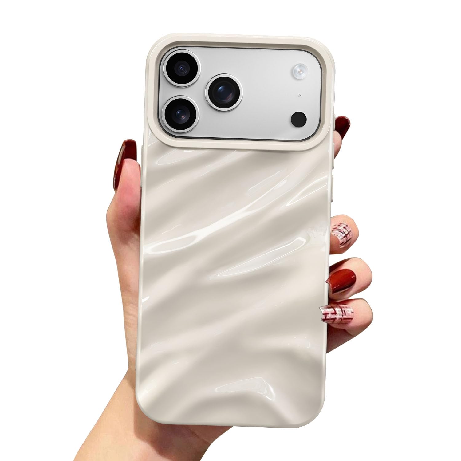 QLTYPRI Compatible with iPhone 17 Pro Case, Cute Wave Water Ripple Pattern Case for Girls Women, Slim Satin Glossy Soft Silicone TPU Bumper Shockproof Protective Phone Cover - Beige