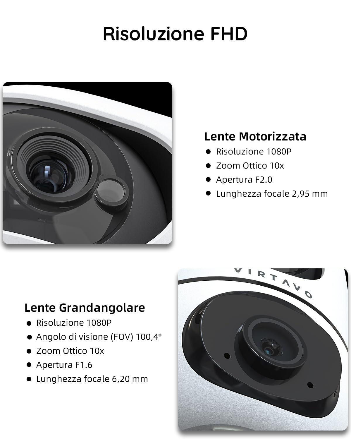 VIRTAVO Telecamera WiFi Interno Doppio Obiettivo, 2 Viste in 1 Schermo, 360° Pan/Tilt/Zoom, Visione Notturna a Colori, Smart Tracking, Audio Bidirezionale, Senza Abbonamenti Nascosti, XD1