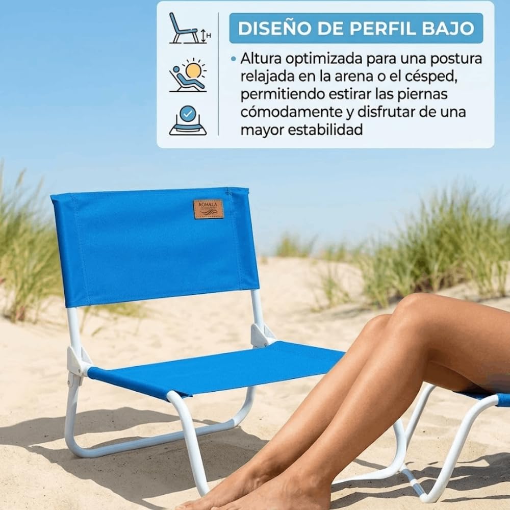 DEVESSPORT Kohala Lot de 2 chaises de plage basses pliables avec structure en acier et tissu polyester 600D haute résistance Bleu 45 x 45 x 45 cm