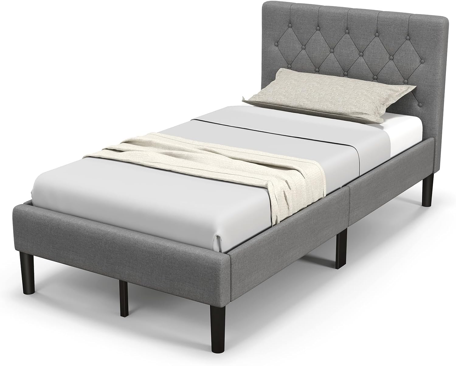 Giantex Twin Bed Frames for Kids, Modern Upholstered Platform Bed with Button Tufted Headboard, Wooden Slats Support Mattress Foundation, No Box Spring Needed, Kids Twin Bed for Girls Boys, Grey